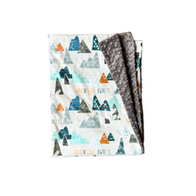 Load image into Gallery viewer, Grey &quot;Adventure Awaits&quot; Mountains Minky Blanket // Baby Blanket Size