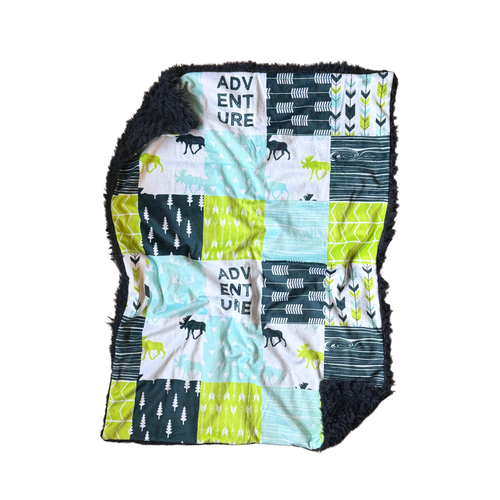 Navy/Lime Green/Blue Woodland Adventure FAUX QUILT Minky Blanket // Baby Blanket Size