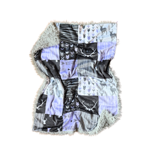 Load image into Gallery viewer, SALE // Purple/Black Woodland &quot;Little One&quot; Faux Quilt Minky Blanket // Baby Blanket Size