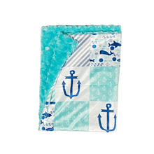 Load image into Gallery viewer, Navy/Teal/Grey Under the Sea FAUX QUILT Minky Blanket // Baby Blanket Size