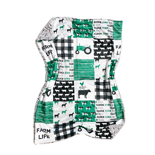 Green/Black/Grey Farm Life FAUX QUILT Minky Blanket // Baby Blanket Size