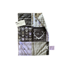 Load image into Gallery viewer, SALE // Purple &quot;Wild + Free&quot; Little One Deer Faux Quilt Minky Blanket // Small Lovey Size