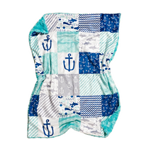 Load image into Gallery viewer, Navy/Teal/Grey Under the Sea FAUX QUILT Minky Blanket // Baby Blanket Size