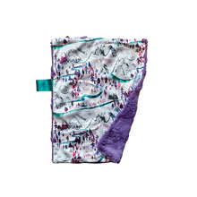 Load image into Gallery viewer, Purple &quot;Into the Woods&quot; Mountain Map Minky Blanket // Small Lovey Size