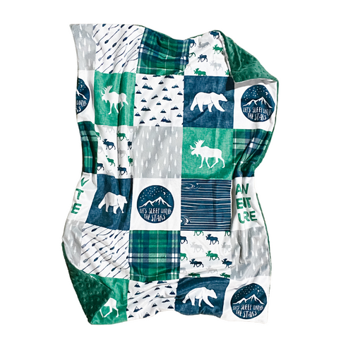 Green/Navy/Grey Woodland Adventure FAUX QUILT Minky Blanket // Baby Blanket Size